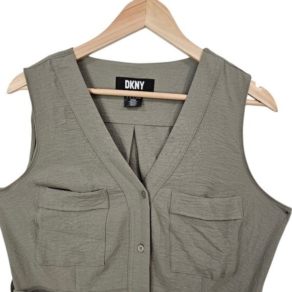 DKNY Sleeveless Belted Shirtdress Flared Vacation Office Summer Olive‎ Green - Picture 2 of 12